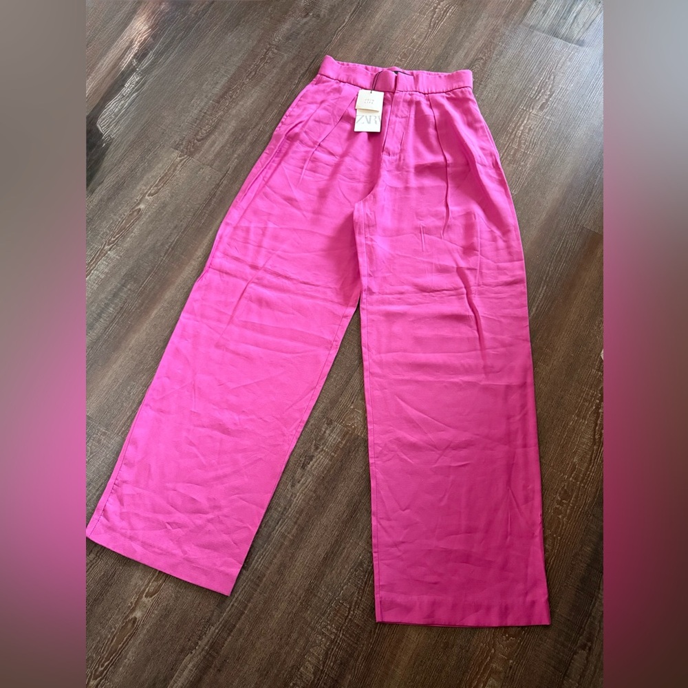 Zara Hot Pink Wide-Leg Pleated Trousers